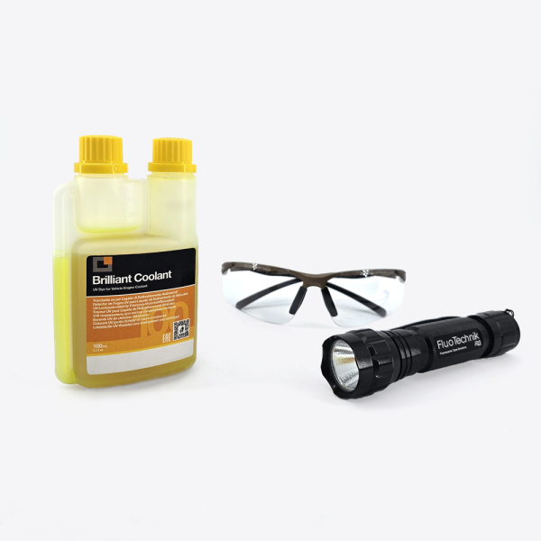 Kit de trazador UV para la detección de fugas de refrigerante en vehículos + lámpara UV de bolsillo y gafas protectoras